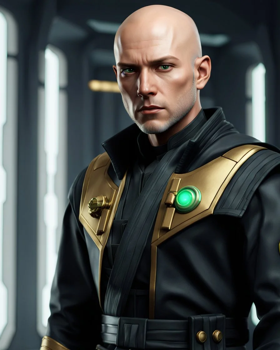 star wars bald male corellian jedi pilot wearing black and gunmetal grey old republic armored robes with gold trim inside the jedi temple holding a lightsaber with viridian green blade in left hand, centered head and shoulders portrait, hyperdetailed, dynamic lighting, hyperdetailed background, 8k resolution, volumetric lighting, light skin, fully symmetric details