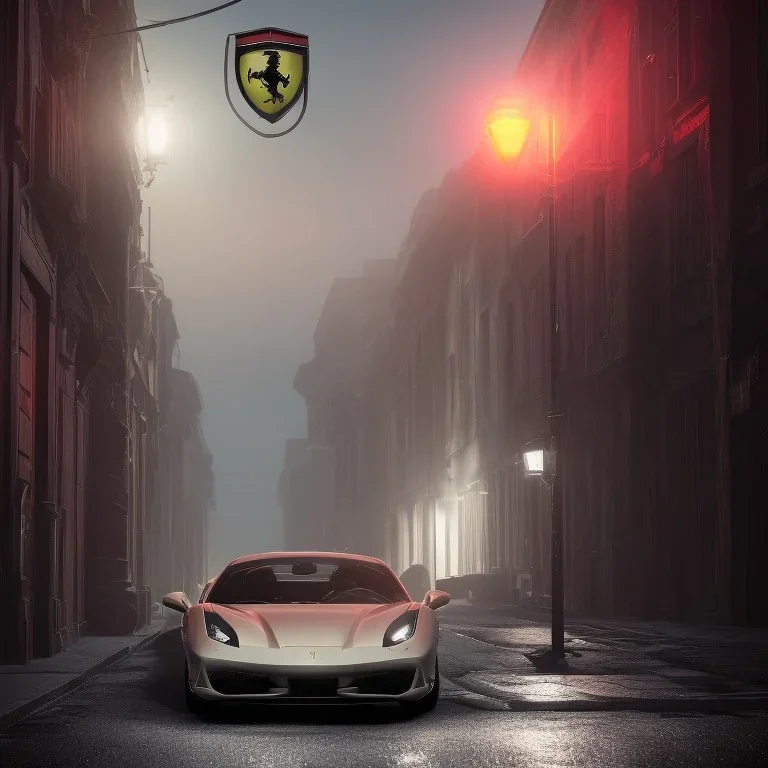 Ferrari 488 under a street light in complete darkness