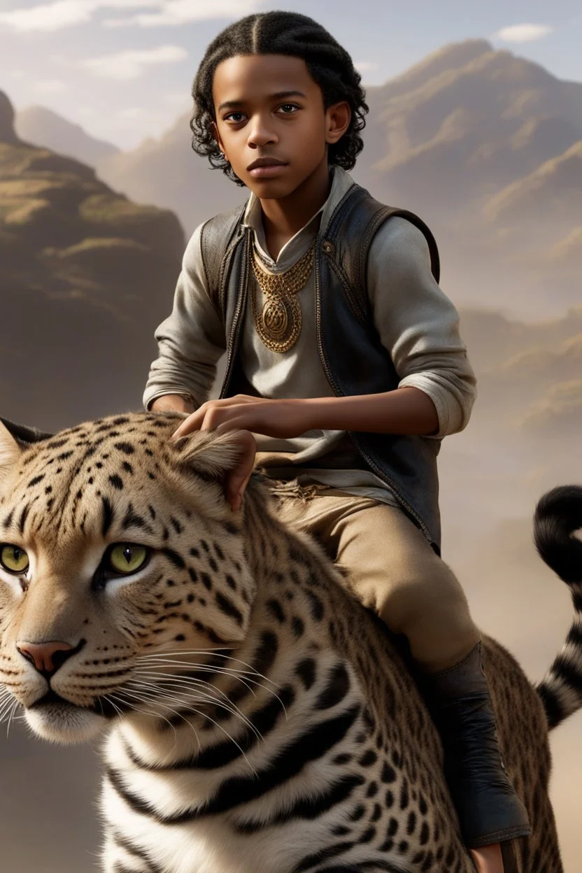 handsome eleven-year-old mulatto male sorcerer, with wavy black hair tied in a braid, hazel eyes, riding on the back of a giant furry leopard cat