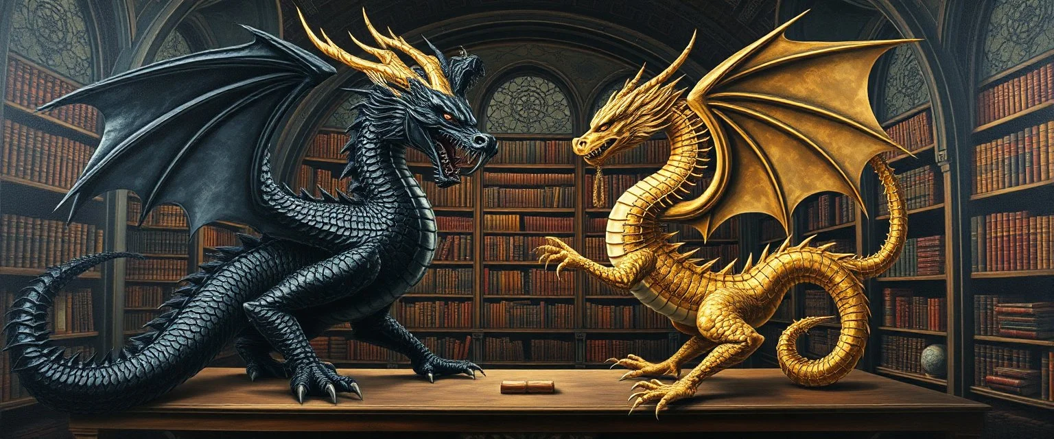 master oil painting by Escher and Giger, black dragon and golden dragon inside library