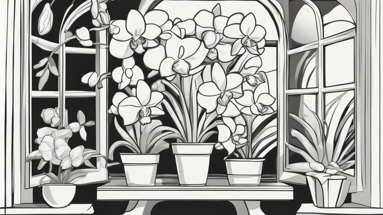 Cartoon orchid window black and white