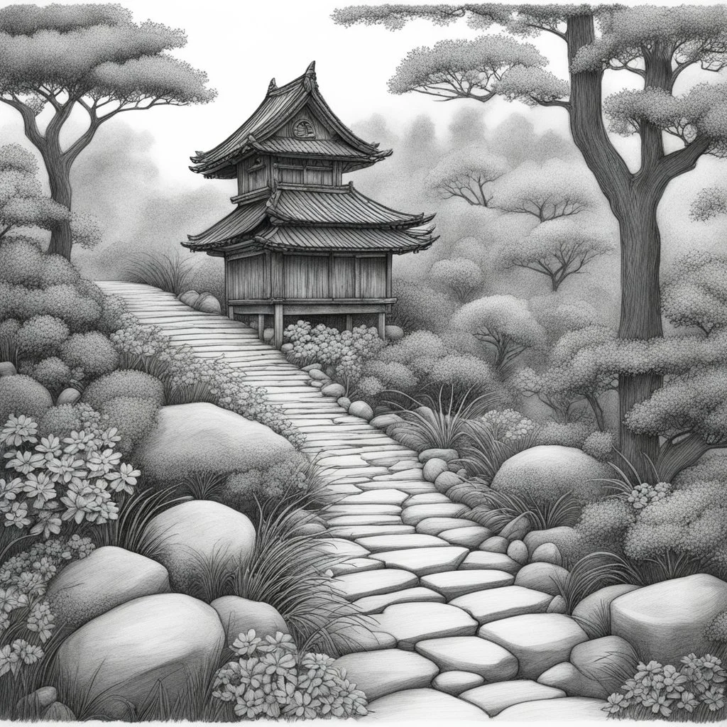 [the birdhouse] A photo of my traditional, monochromatic nature pencil drawing inspired by Japanese woodblock prints, featuring intricate carvings of trees and foliage, evoking a sense of calm and nostalgia. A rocky, natural stone pathway leads up to the birdhouse, inviting birds to step into a world of serenity and beauty.