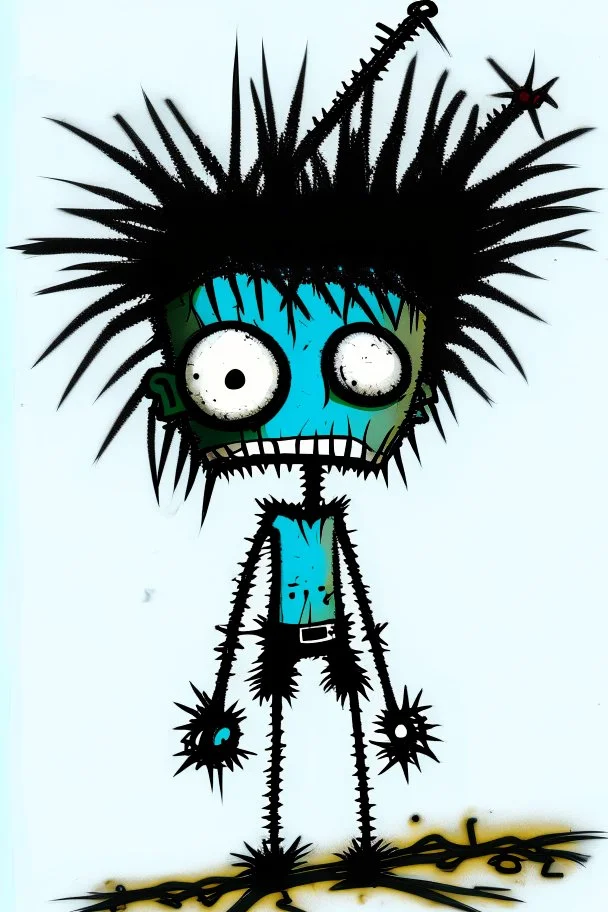 2d drawing of a stickman, cool with punk hair, x eyes like in hangman, dead on stomach ,3d realistic in colour