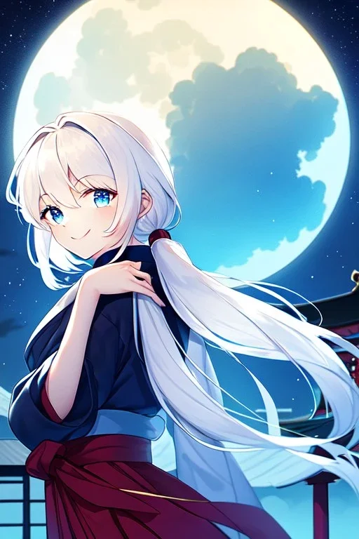 girl, masterpiece, best quality, cinematic lighting, detailed outfit, vibrant colors, perfect eyes, white hair, blue eyes, long hair, low ponytail, hakama, shrine, smile, looking down, night sky, starry sky, full moon,