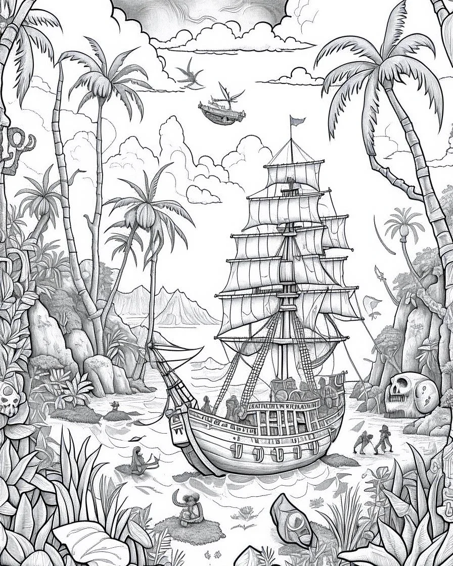 Pirates of the Caribbean: Skull Island Jungle Exploration Coloring Page: Create an intricate coloring page capturing the essence of Skull Island's dense jungle from the Pirates of the Caribbean movie. Depict towering trees, winding hidden paths, and exotic wild animals awaiting vibrant interpretations. Integrate iconic elements like the Black Pearl sailing on the horizon or discreetly placed treasure chests, inviting enthusiasts to bring this adventurous scene to life with their black and white