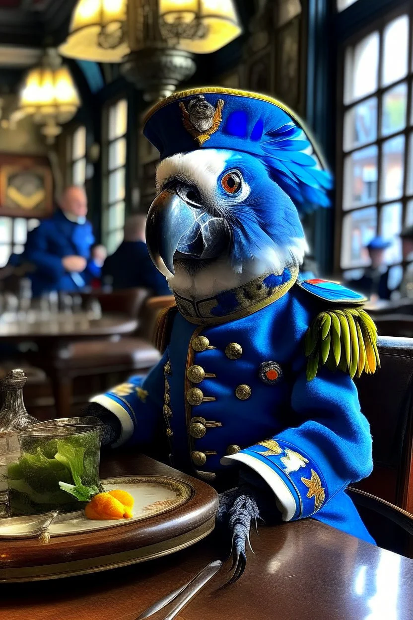 Half human half parrot in a blue 1700s dutch military uniform sitting in a cafe