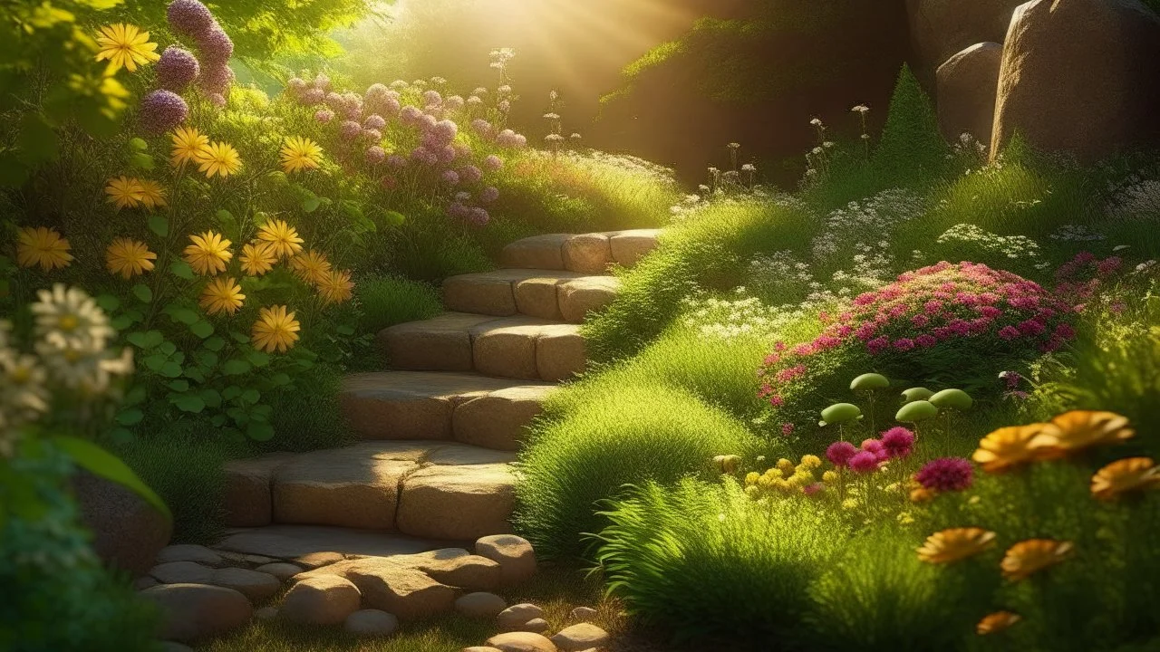 A serene and inviting image of a set of small stone stairs gently winding to the west, with the sun casting a warm golden glow on the path. The stairs are bordered by a beautiful, vibrant garden full of various flowers, and the soft rustling of the wind can be felt. Above the stairs, there's a gentle breeze carrying the scent of blooming flowers and the distant sound of birdsong. The overall atmosphere is peaceful and calming, inviting one to take a leisurely stroll towards the west wind.