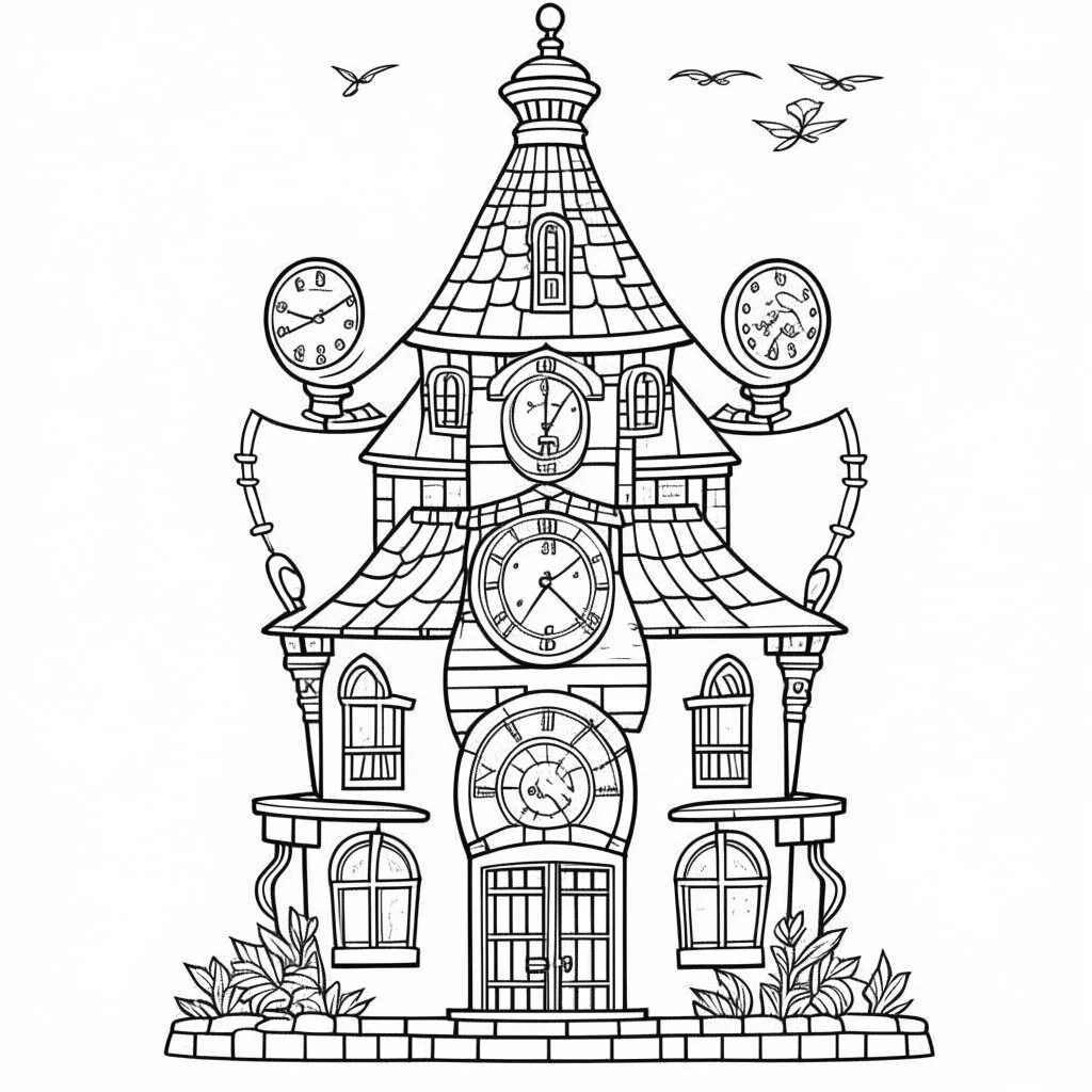 A fairy house with a clock tower and a bell, coloring page, exact shape, real image, minimal lines, white back ground color, real style, realistic, minimalistic, minimal black line art, line art, crisp line art, unique coloring sheet, outlined, outline, crisp, crisp line edges, illustration, thin lines, crisp clear lines, line art, clean line art, unique, 8k, no colors, no dark color, no black color, avoid thick black, minimalistic line edges, pure white back ground,