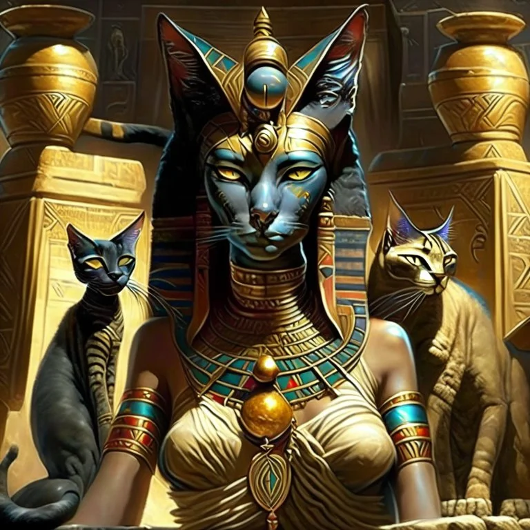 scene from Egyptian mythology. The cat goddess Bastet. She has the body of a woman and the head of a cat.