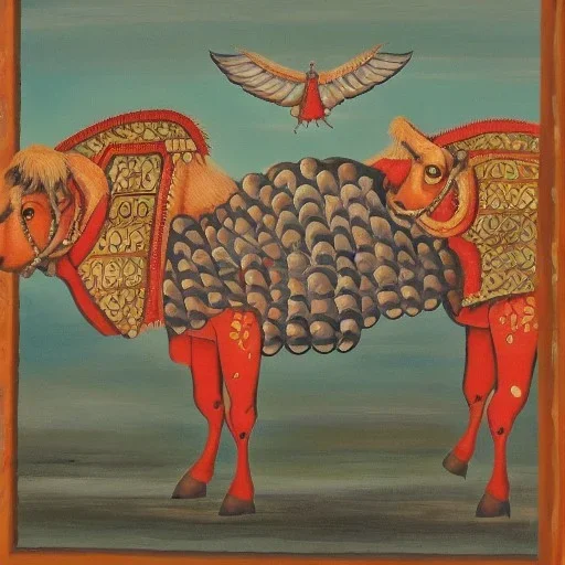 flying cows with wings indian painting