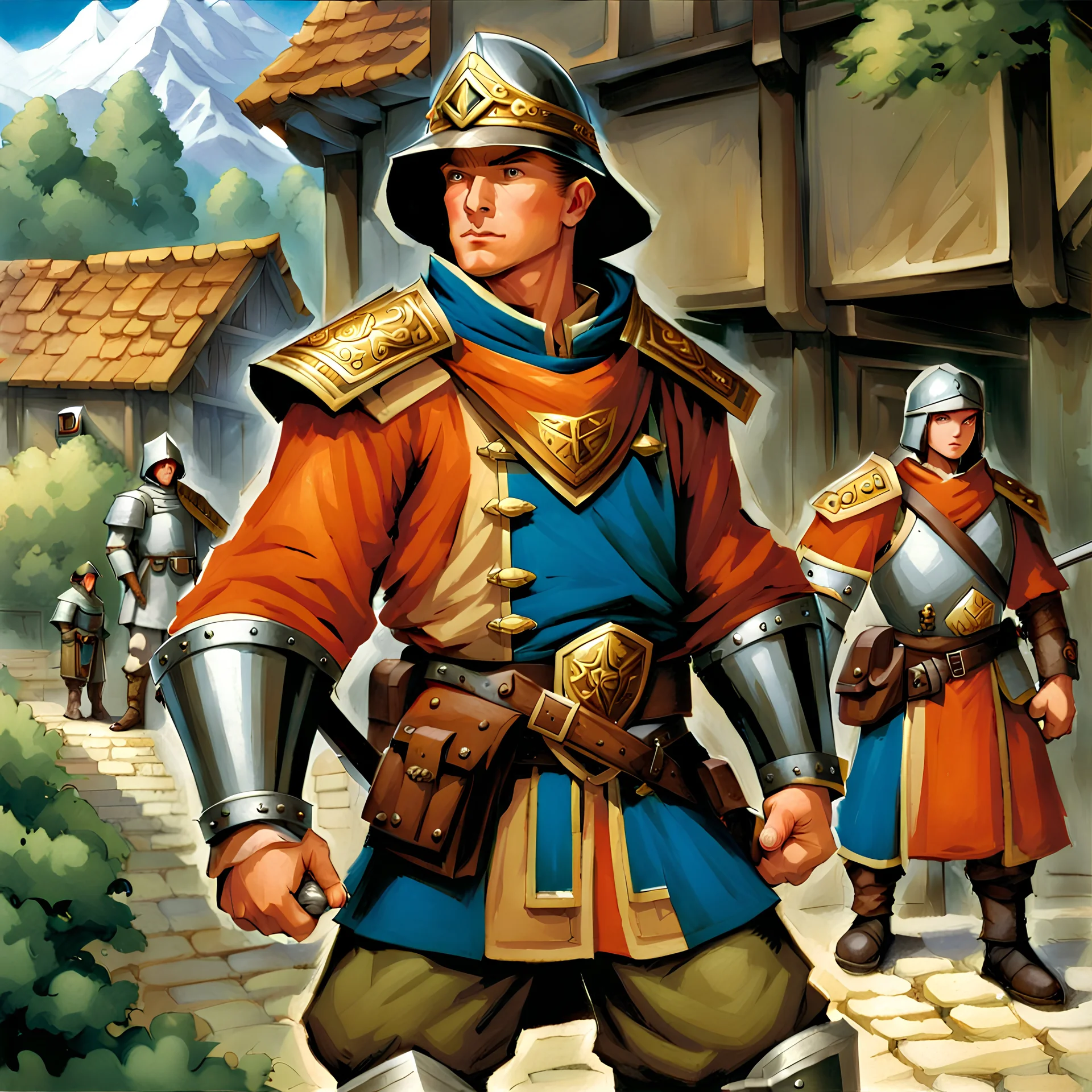 fantasy 90's tcg art of a heroic town guard