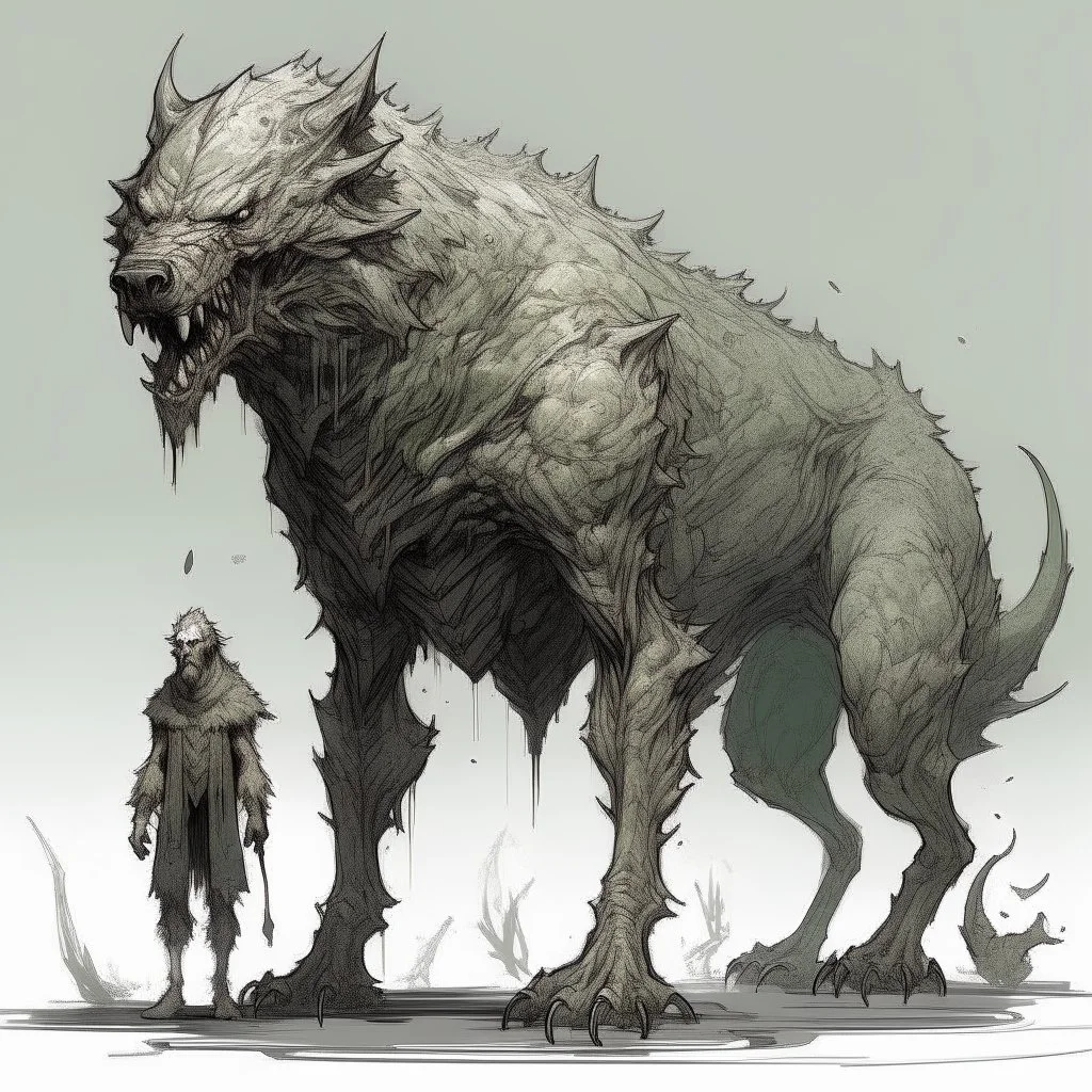 A terrible creature with a wolf's head and a human body