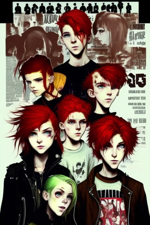 First plan: three 13-15-year-old detectives - two brothers with red hair. One is tall and skinny, second is a little chubby and a girl with a punk look, dark clouds and brown hair, strong make-up with the black cat. Second plan: a group of teenagers turned into computer-addicted zombies. Everything is located in an old town.