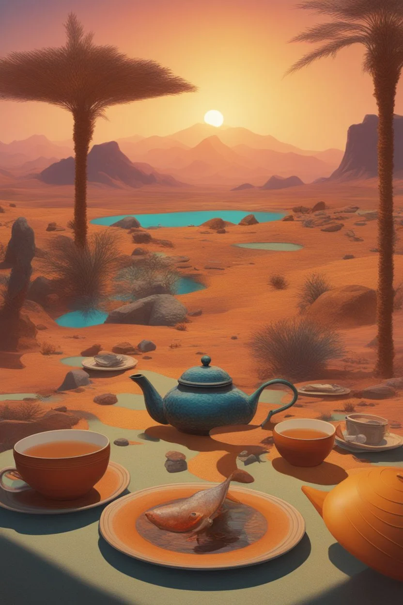 abstract and obsurt scene of an astraunot in the desert drinking tea at a round table, a dead fish is nearby, super realistic, 8k quality, striking colours, chaos80