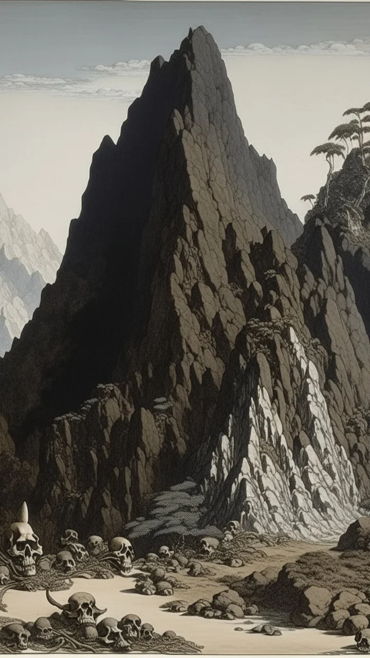 A dark brown mountain with fossilized bones designed in Mexican folk art painted by Utagawa Hiroshige