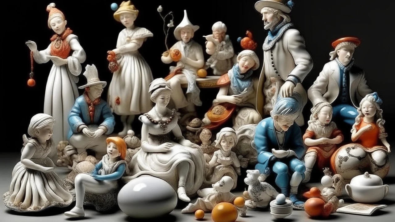 An offbeat collection of forgotten porcelain figurines, arranged in a surreal tableau of unexpected characters and stories, where forgotten treasures find a new stage.