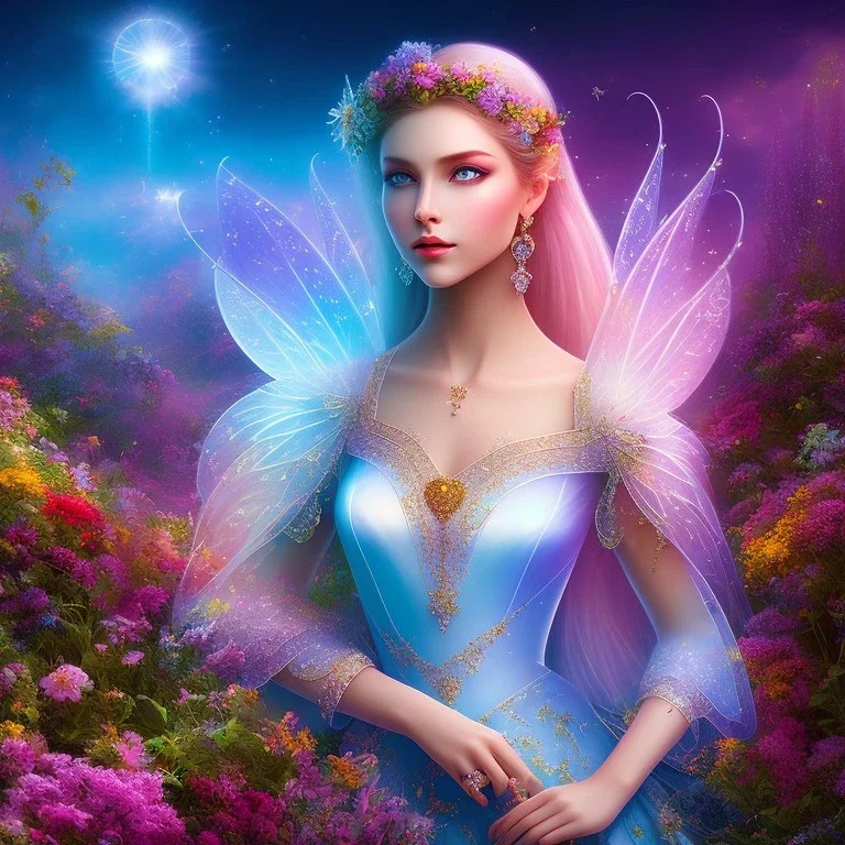 bright fairy, beautiful portrait, flowery landscape