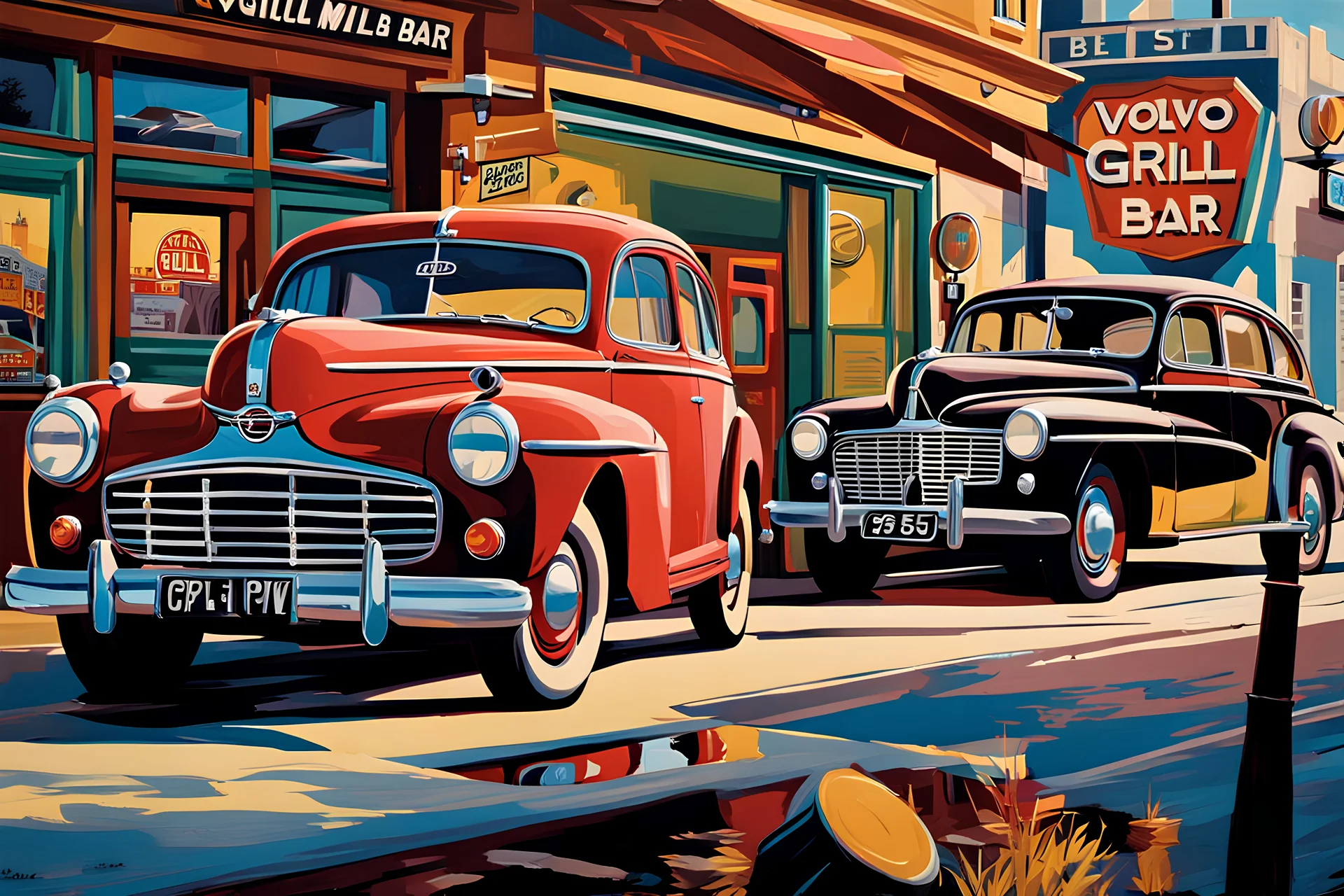 A scene from outside a 1950s grill bar, a Volvo PV parked on the outside, view of the whole scene with the extremely detailed grill bar exterior, main focus on the grill bar :: vector, deep colorful best image quality, masterpiece, super high resolution, oil painting, wet brush,, ink drawing, detailed matte background, neo-expressionist oil paint, award winning, hdr, 8K, crisp quality, volumetric lighting, dynamic lighting, hyperdetailed