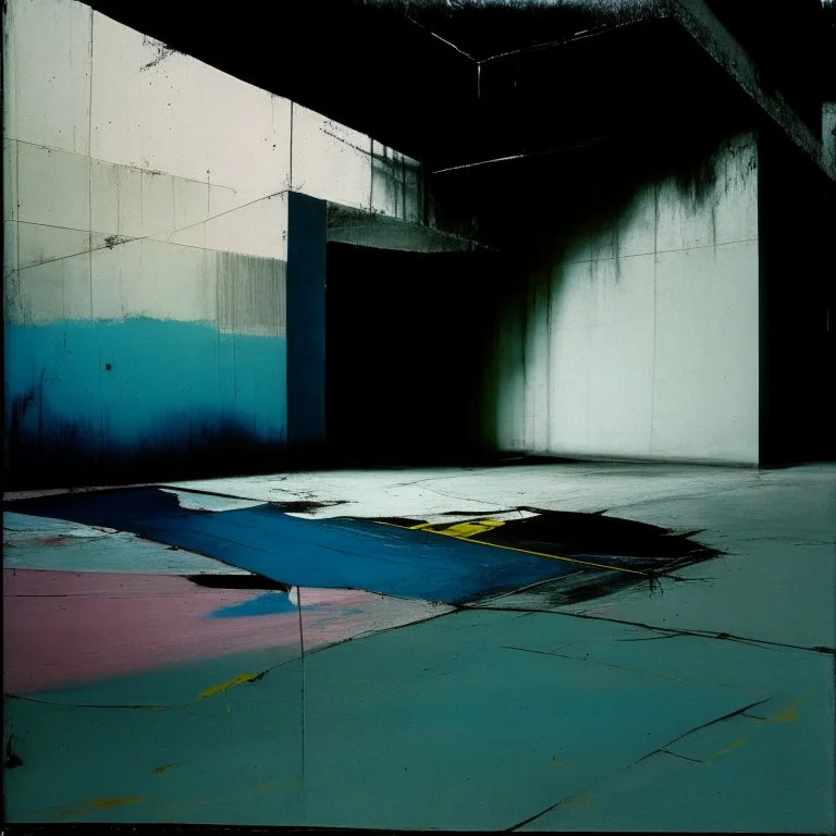 Minimal abstract oil paintings of a desolate concrete 1960s carpark. Road with distant Blurry lights. On the floor are concrete fragments and road markings . In the dark mysterious style of Justin Mortimer and Francis Bacon.