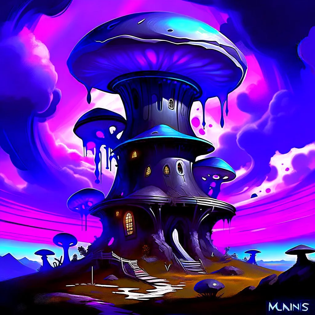 A fantabulous black, blue and purple (((mushroom tower house))) erected atop a (geologic pillar), surrounded by the uncanny imaginative ((( swirling skies))), offset by the stark hues of a (neon-tinged nebulous space scape), within. captured by the hand a skilled master painter with a focus on (softly blurred compositions and voluminous lighting).