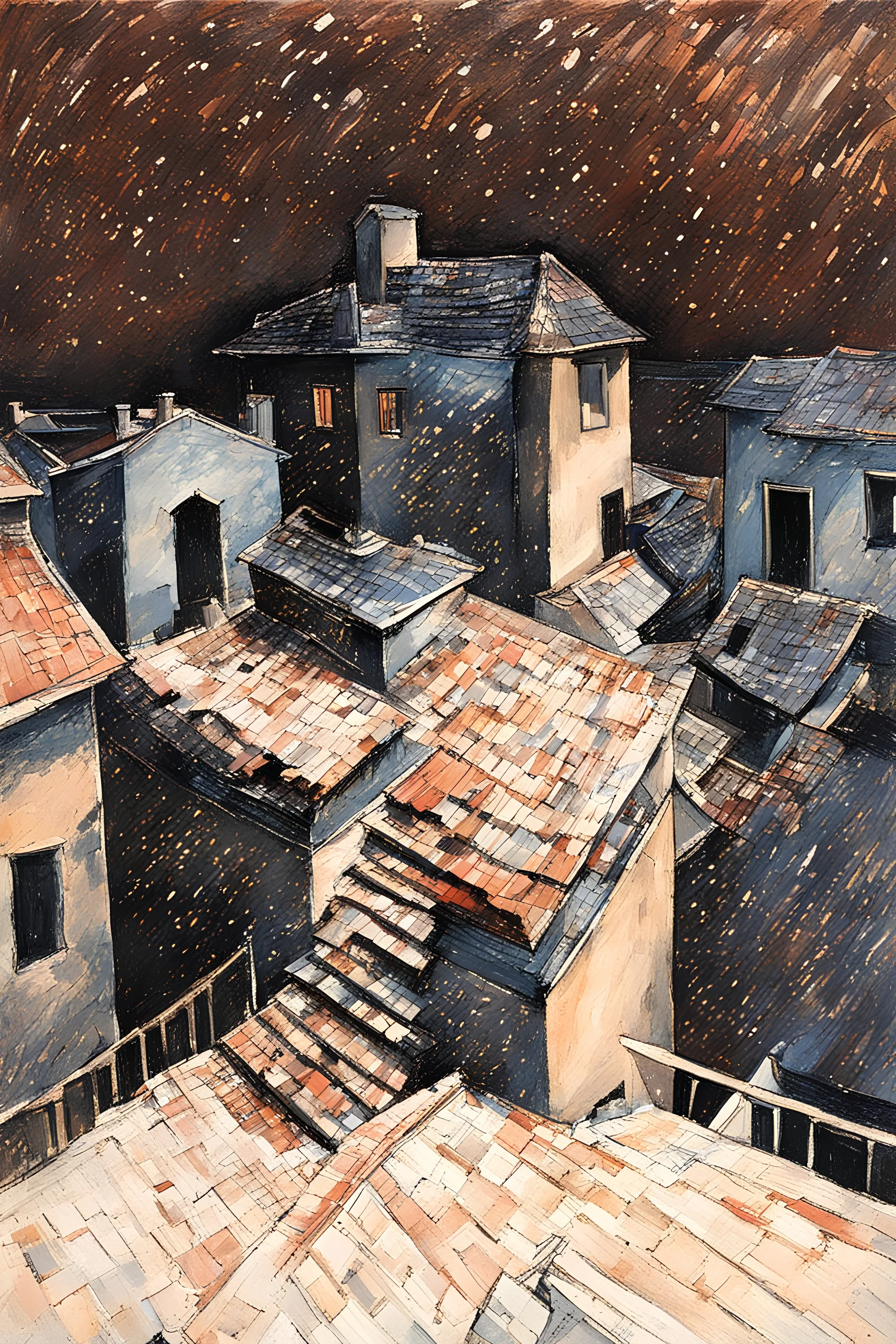 city roofs and terraces at night in tempera