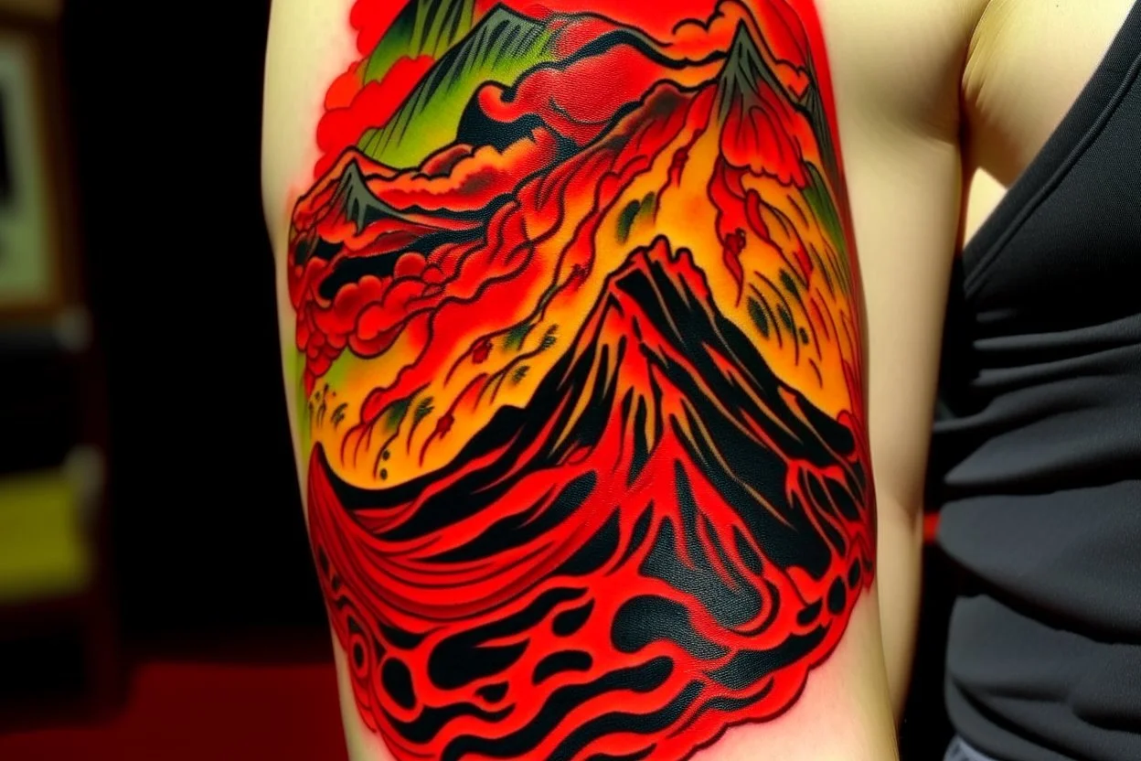 A red erupting volcano with spewing fire designed in Mehndi design painted by Paul Gauguin