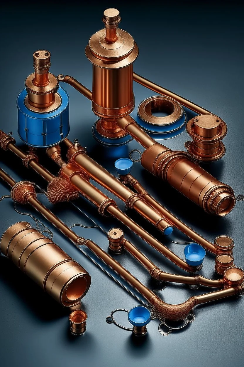 Please produce an innovative photo in the field of water and electricity transmission equipment inspired by the copper industry. This photo is needed for the cover of a magazine. Please give more details about the use of copper in parts. Please make sure the items are genuine