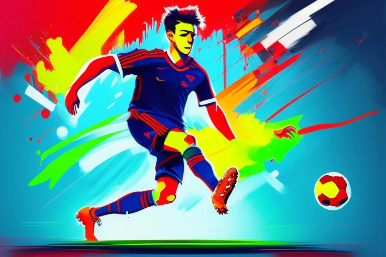 Oil painting, full body of a soccer player, he is kicking the ball, the ball is flying, bright but not neon colours, dynamic lines, dynamic blobs, spots, lines in the background of the character, splash like a colour explosion