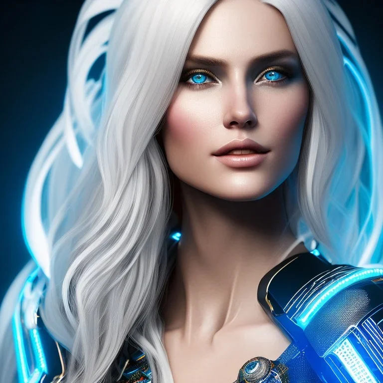 A beautiful portrait of a cute smiling cyberpunk woman, long blond platinum hair, high key lighting, volumetric light high details with blue and white stripes and feathers and white celtic paterns, beam starry background