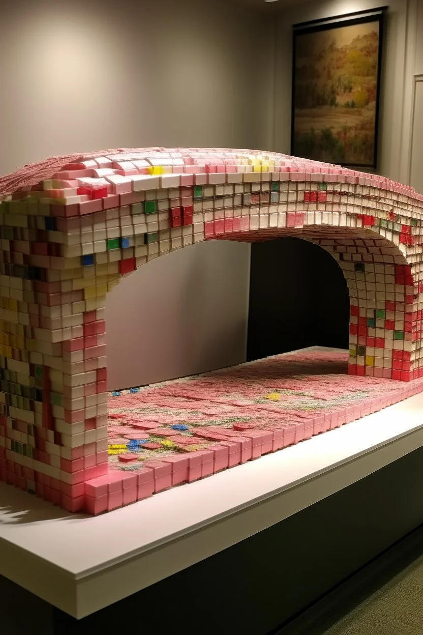 A light pink mystical bridge made out of candy painted by Piet Mondrian