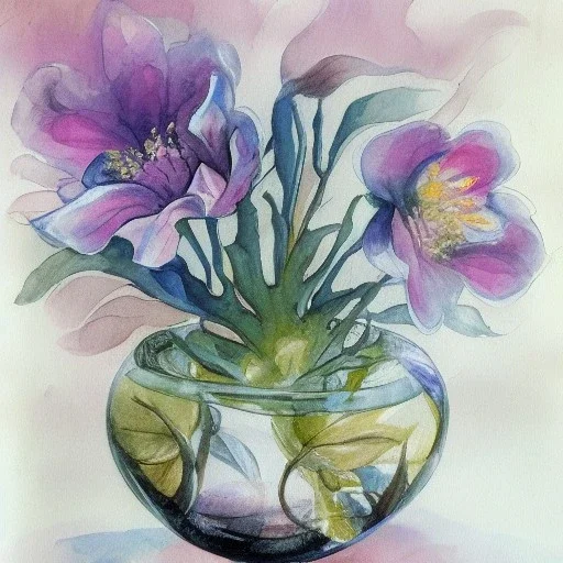 Baroque flowers in a crystal vase, inside of void, aquarelle painting