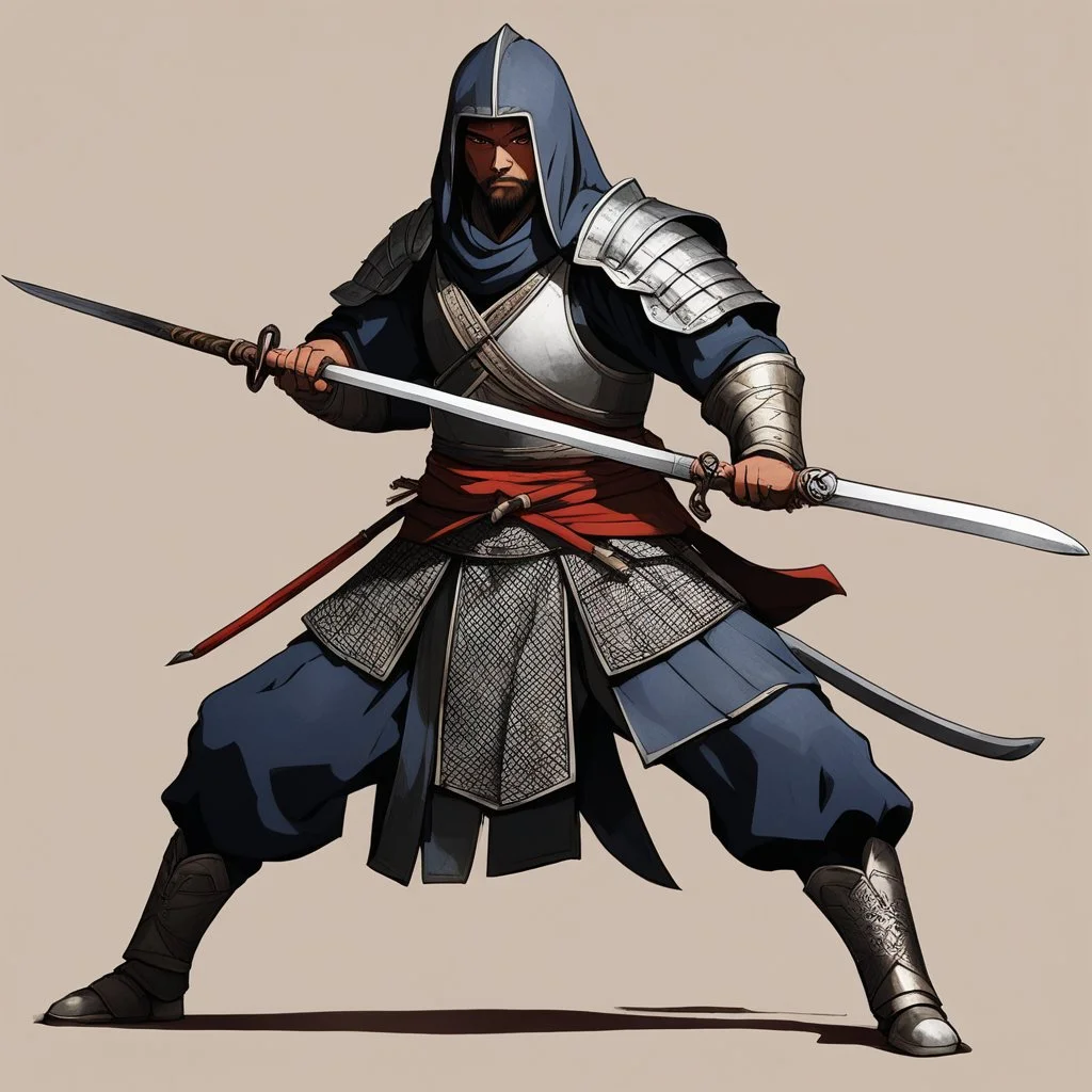 a female medieval warrior adopt a position close to the Japanese Mahami No Nekoashi Dachi (Kokutso Dachi), moving to squat with legs bent, stretching out his arms, one forward with his sword, the other backward, so that the lower part of his body with the folds of his combat robe resembles a fan turned downward