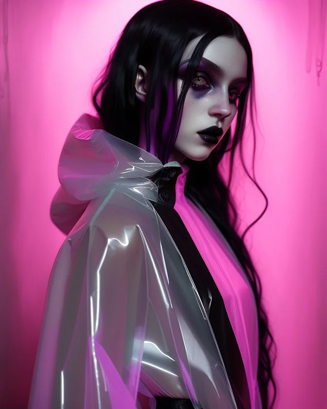 painting by koson ohara and marta bevacqua, portrait of a beautiful goth woman with long black hair, wearing a plastic raincoat, purple neon lighting, 8k, high quality, highly detailed
