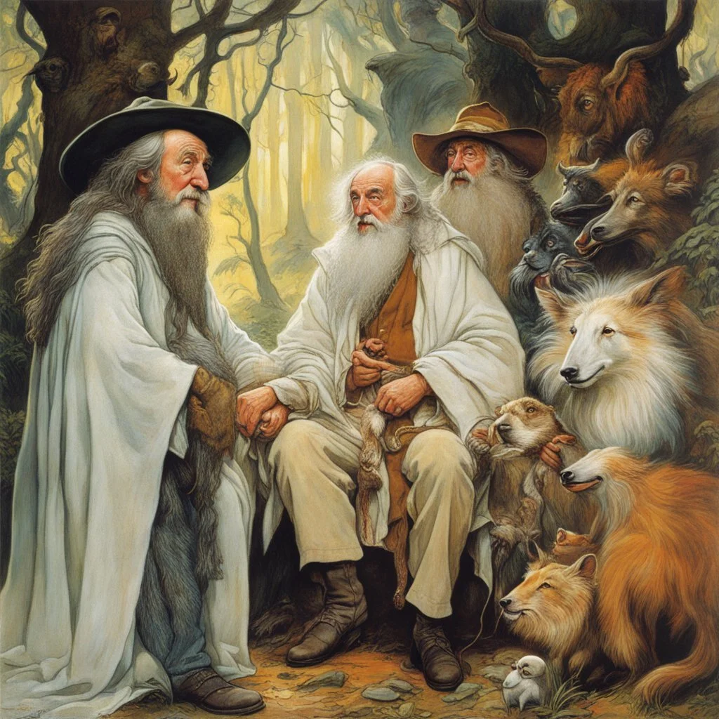 [art by Norman Rockwell: three Middle-earth Istaris are Jonathan Pryce, Sylvester McCoy and Jean Rochefort] Radagast, with his unkempt hair and a menagerie of animals, shared a hearty chuckle with Saruman, the wise and cunning Istari. And there, in the midst of it all, stood Gandalf, a twinkle in his eyes as he joined in the mirth.Their laughter echoed through the night, a rare moment of camaraderie amidst the chaos of their journeys.