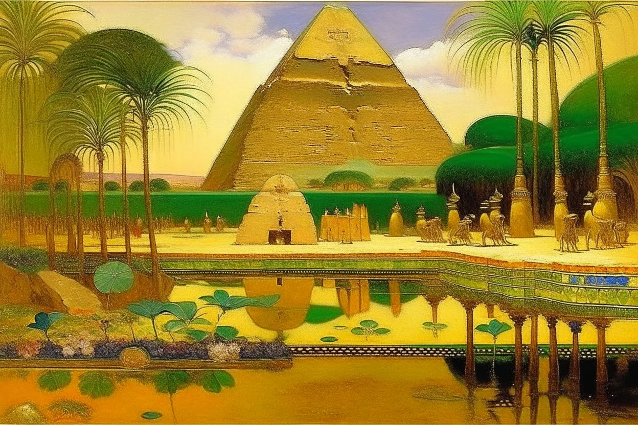 An oasis near a sphinx and pyramids painted by Gustav Klimt