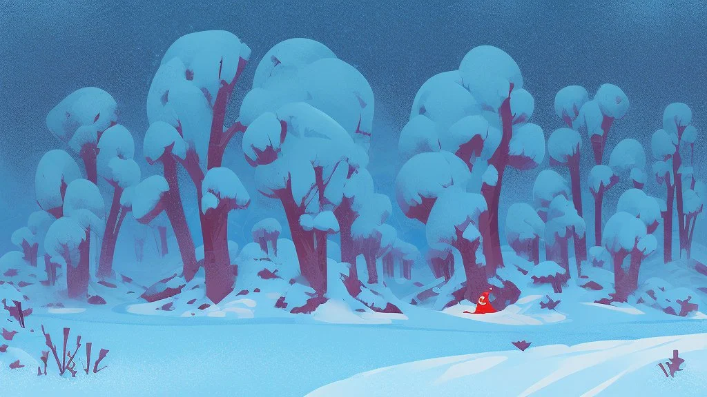 fantasy cartoon style illustration: red mitten on snow in the wood