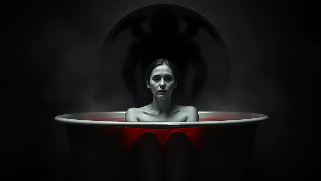 monochrome photo of very blur face sad pale woman sitting in bath tube around her red water, in bath, blur fog, background one black demonic shadow, dark gray old wall, darkness around, sad, surreal dark vibe, dark colors, in wall circle dark deep abyss,splash art, cinematic, depressive vibe