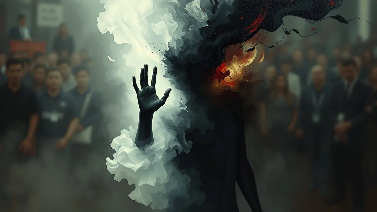 Abstract surreal scene of a human soul in conflict — a figure dissolving into shadows and smoke, body torn into shards of light and darkness. Shapes twist and melt like oil paint, forming ghostly hands and distorted faces emerging from the fog. The background is a blur of noise, chaotic patterns and faceless crowds, symbolizing the indifferent outside world. A haunting, dreamlike composition that captures isolation, inner demons, and the silent struggle of anxiety. Painterly, surreal, atmospheri