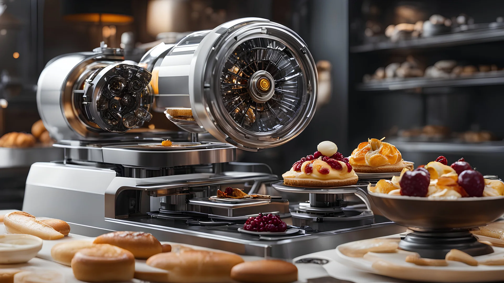 Machine robotique pour faire des pâtisseries élaborées, composition délicieuse, attrayante, chaude et exquise, beau rendu d'octane incroyablement détaillé et complexe, tendance sur artstation, photographie artistique 16k, art conceptuel photoréaliste, lumière parfaite cinématique volumétrique naturelle douce, clair-obscur, photographie primée, chef-d'œuvre , raphaël, le Caravage, alma-tadema