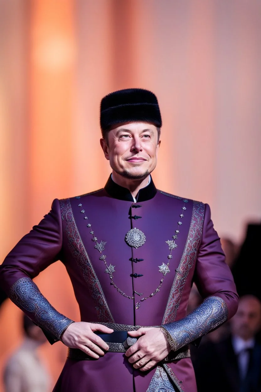 Elon Musk i n Azerbeyjan traditional costum color full ,upper body ,blury background ,closeup ,sharp focus