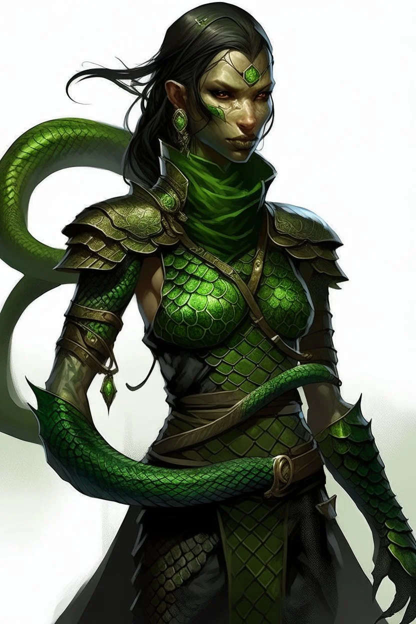 female snake humanoid, green scales, wearing a black leather armor, dungeons and dragons