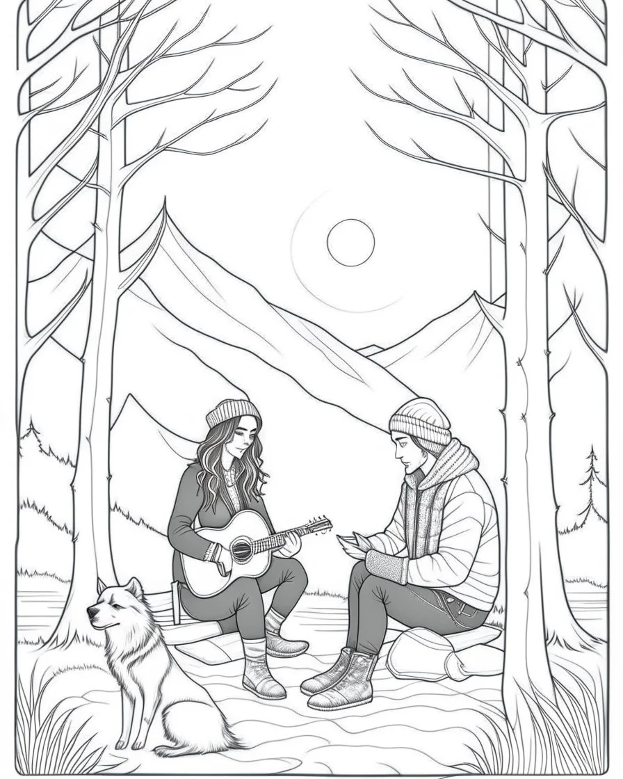 Coloring page: Enchanting scene Young man playing acoustic guitar beside a campfire, woman gently caresses a wolf in a snowy setting,