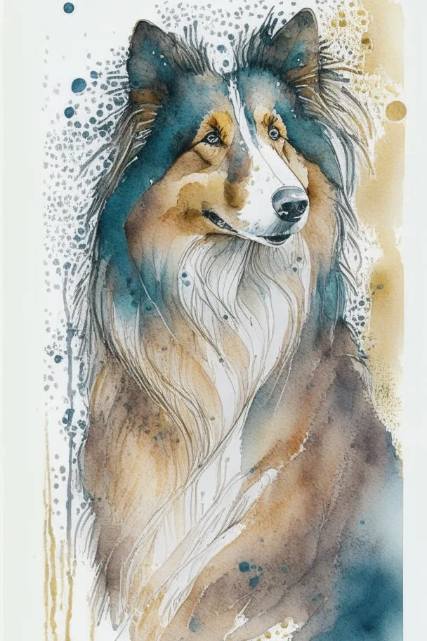 Abstract wet watercolour of a rough collie, ink lines, interlinked circles, detailed,focus on eyes, watercolour paper neg . Closed eyes