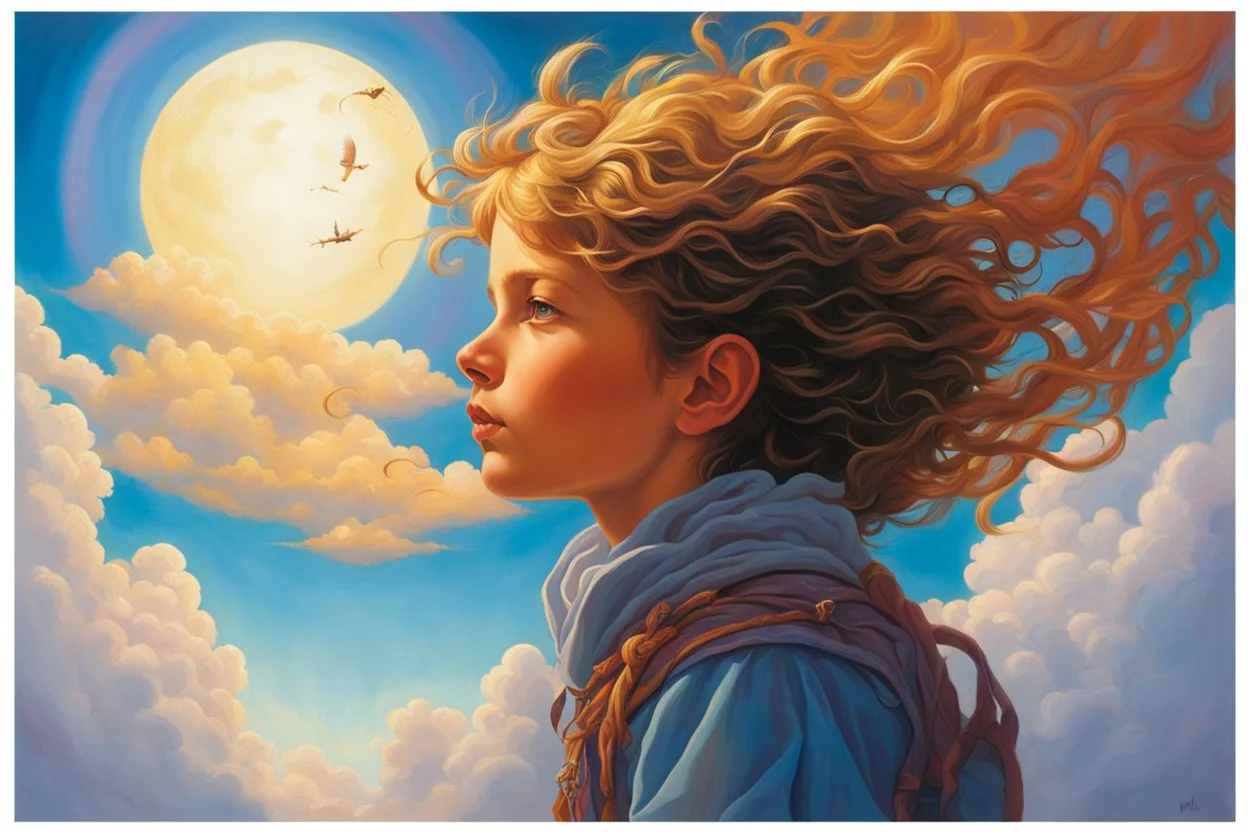 A child having a beautiful dream floating on a cloud painted by Michael Whelan. concept art, mid shot, intricately detailed, color depth, dramatic, 2/3 face angle, side light, colorful background