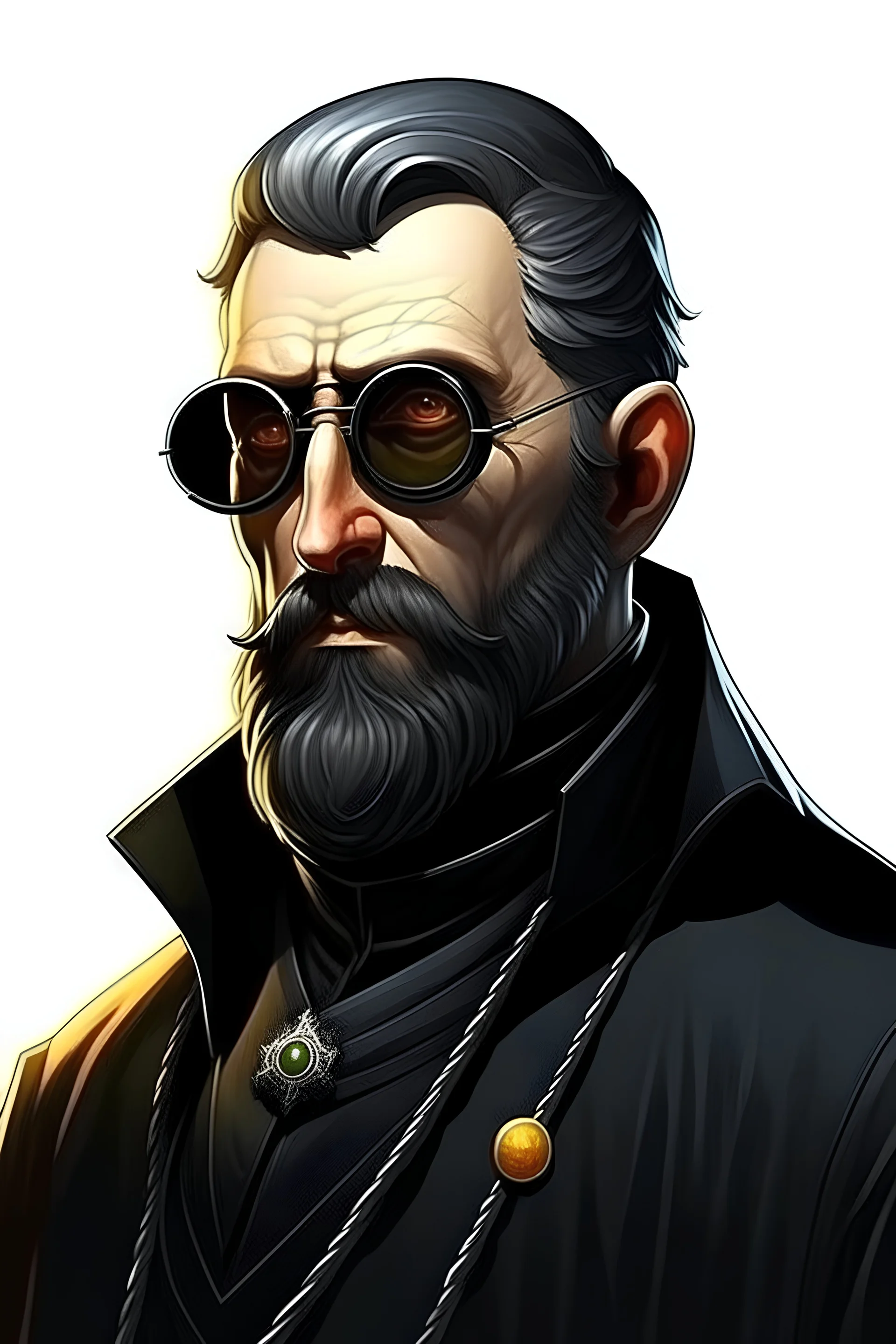 saint gunman with round sunglasses and a black coat and a short black and graying beard in the wild west, grimdark realistic