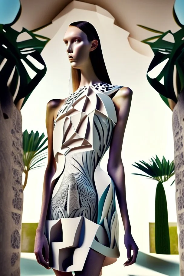 model with dress printed in 3D inspired by trullo, palm and orchids high tech