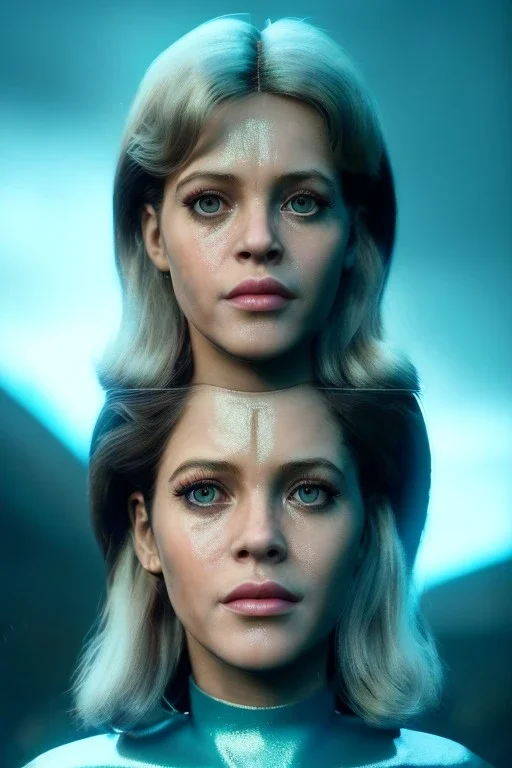 Ultra Realistic retro sci-fi scene, portrait, brunette woman, sweet young Jane fonda face, perfect iris, glow eyes, makeup. Alien background, Retro sci-fi style, helmet, tight latex coat, fog, rain, soft color, highly detailed, unreal engine 5, ray tracing, RTX, lumen lighting, ultra detail, volumetric lighting, 3d, finely drawn, high definition, high resolution.