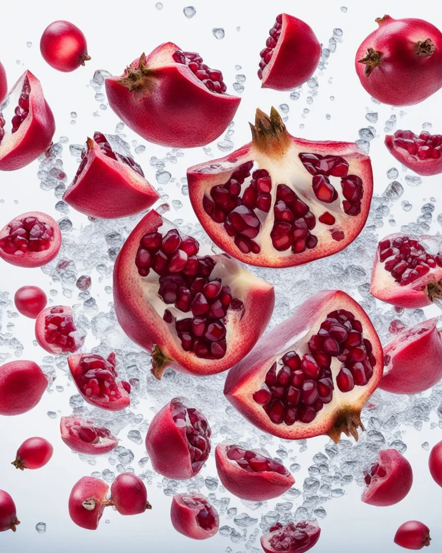 pomegranate seeds under water, prism and refraction, on a white background