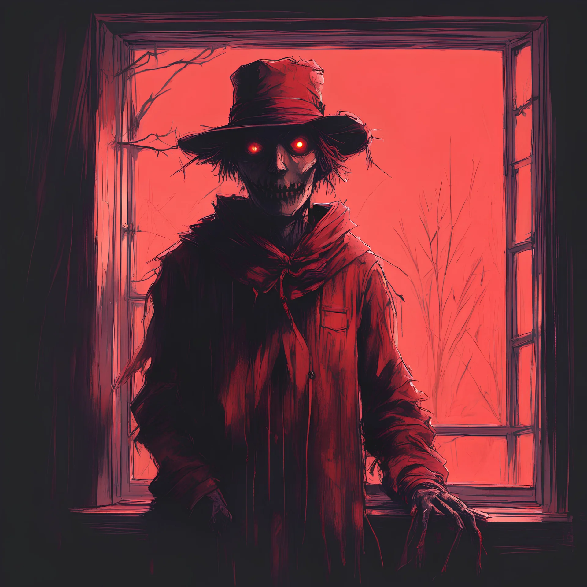 drawing of a scary scarecrow looking in window, dramatic, horror, by William Wray, 2D illustration, red hues
