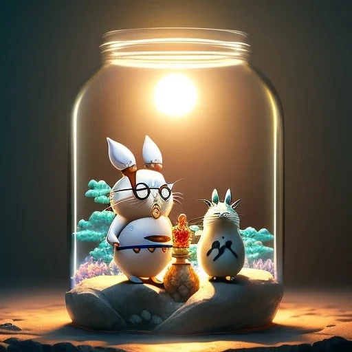 A studio ghibli characters in a jar floating, super high resolution, professional photograph, in focus, beautiful detail, professional digital art, stunning 4k, volumetric light, Award-winning photograph, photography